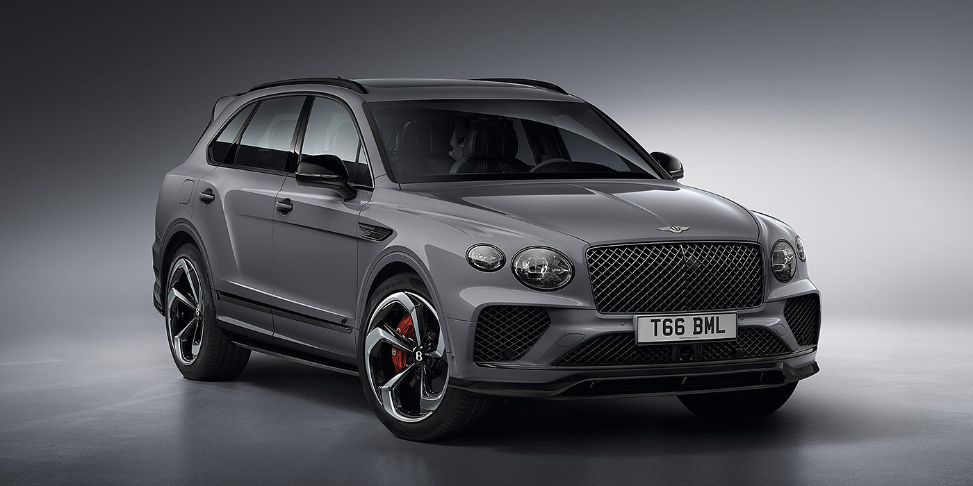 Bentley Shijiazhuang Bentley Bentayga S in Cambrian Grey paint front three - quarter view with dark chrome matrix grille and featuring elliptical LED matrix headlights. 