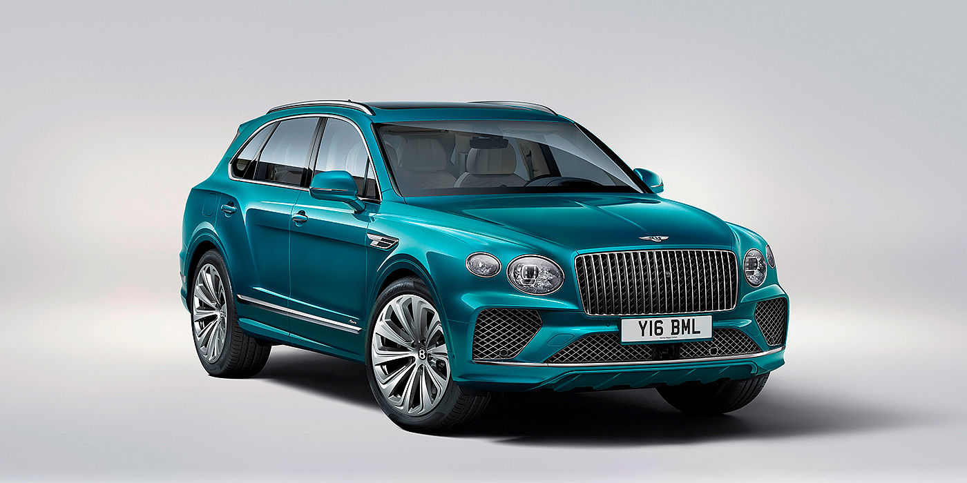 Bentley Shijiazhuang Bentley Bentayga Azure front three-quarter view, featuring a fluted chrome grille with a matrix lower grille and chrome accents in Topaz blue paint.