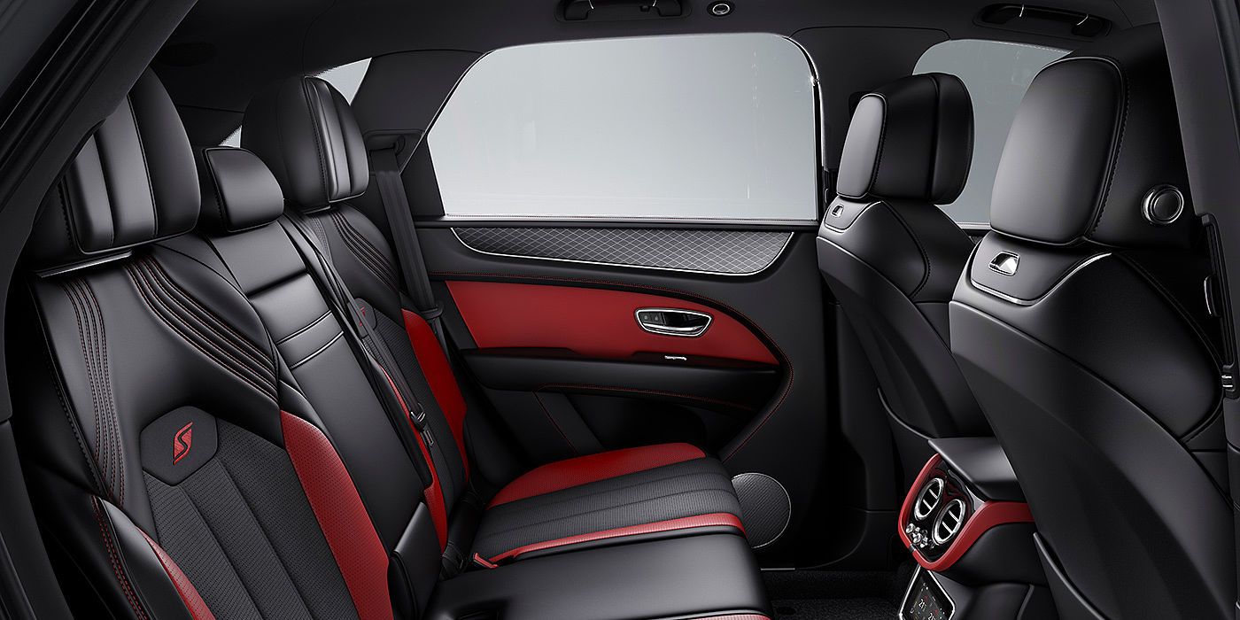Bentley Shijiazhuang Bentey Bentayga S interior view for rear passengers with Beluga black and Hotspur red coloured hide.